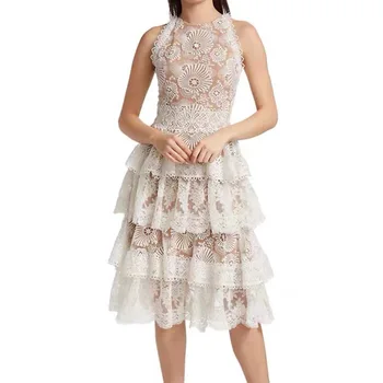 Белое кружевное платье, женское Винтажное платье без рукавов, Лето 2023, вышивка цветочным крючком, Vestido Feminino, платья с высокой талией, Женские Элегантные