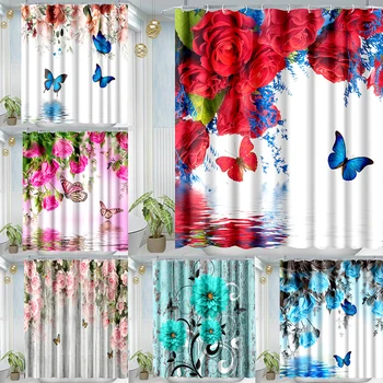 Занавеска для душа с цветочным пейзажем, декор для ванной комнаты с принтом бабочки, Занавески из полиэстеровой ткани, водонепроницаемая Занавеска для ванны с крючками