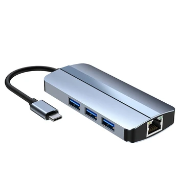 6-В-1 USB C Hub док-станция Type C USB HUB USB3.0 RJ45 1000 Мбит/с, устройство чтения карт SD TF, совместимое с зарядным устройством PD мощностью 100 Вт