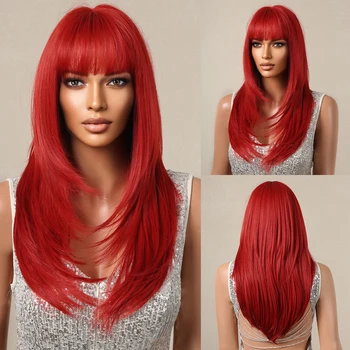 Длинные красные прямые многослойные парики с челкой, ярко-красные синтетические волосы для ежедневного использования, косплей для вечеринок, натуральное термостойкое волокно