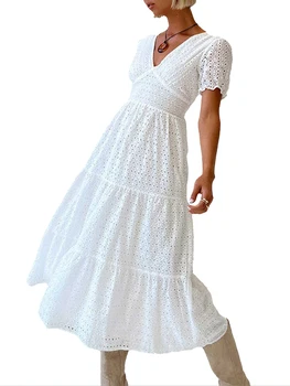 Женское летнее белое пляжное свободное платье трапециевидной формы, однотонное платье миди с V-образным вырезом и короткими рукавами-ушками для вечеринки