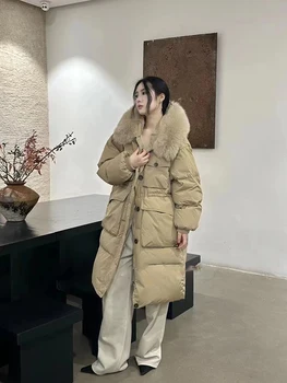 Женское утолщенное теплое пальто с капюшоном во французском стиле, осенне-зимняя свободная длинная куртка на белом утином пуху