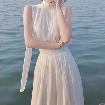 2023 Летнее Элегантное Белое платье, Женское Тонкое цельнокроеное платье Koraen, повседневное Сказочное Белое пляжное платье без рукавов