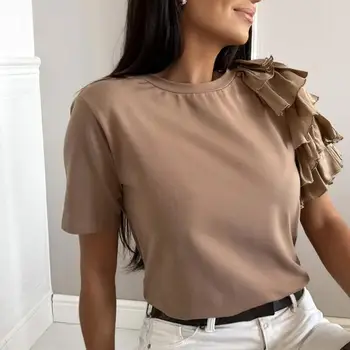 Женская блузка с однотонными многослойными оборками, летняя футболка с круглым вырезом и складками, уличная одежда